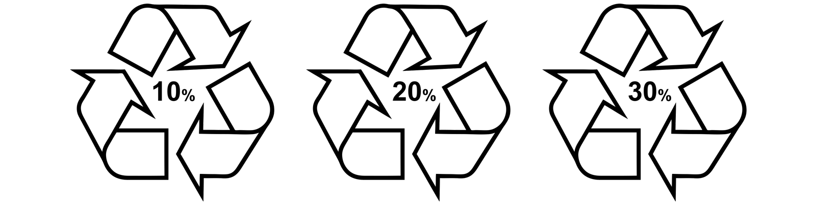 Recycling logos with percentages - 10%, 20%, and 30%